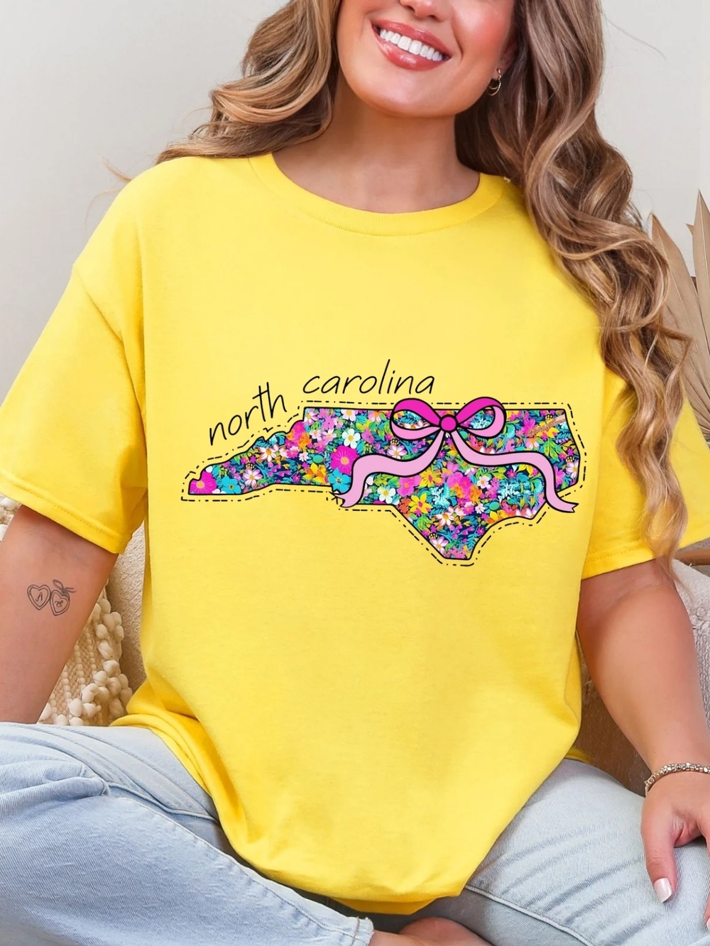 Gildan Yellow North Carolina Floral Tee with Pink Bow